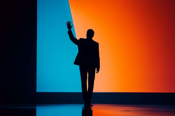 silhouette of a businessman waving goodbye walking off a blue and orange stage