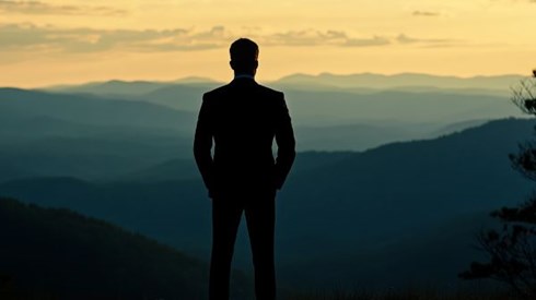 silhouette of a businessman overlooking mountains
