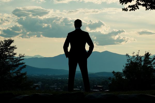 silhouette of a businessperson standing in front of the Vermont mountains