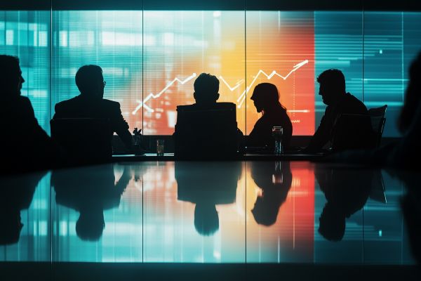 silhouettes of businesspeople sitting at a table looking at charts on a screen