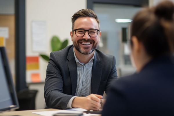 man smiling at a woman over an office desk