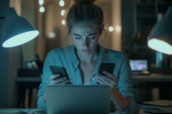 stressed woman holding two cellphones while looking at a laptop