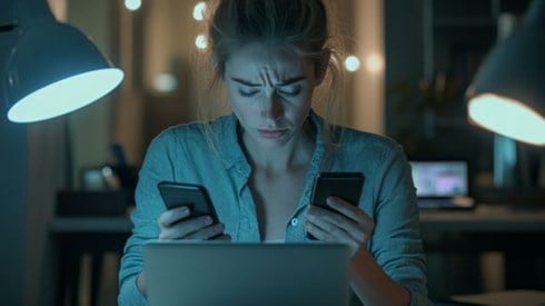 stressed woman holding two cellphones while looking at a laptop