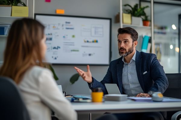 visibly upset man speaking over a table to a colleague
