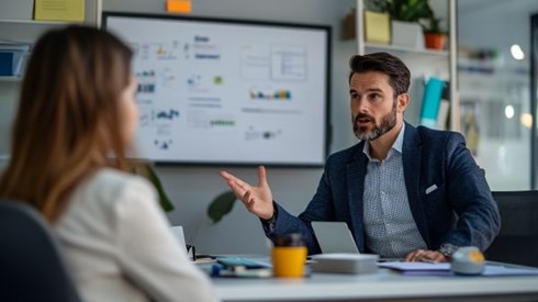 visibly upset man speaking over a table to a colleague