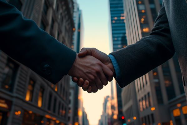 hands of two businesspeople shaking in front of a downtown area