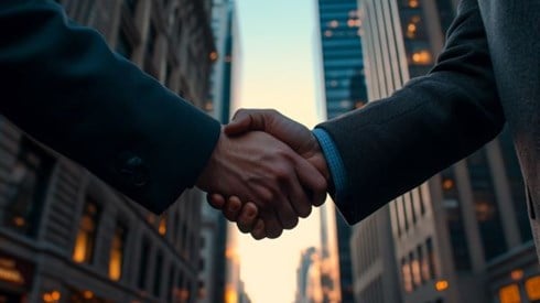 hands of two businesspeople shaking in front of a downtown area
