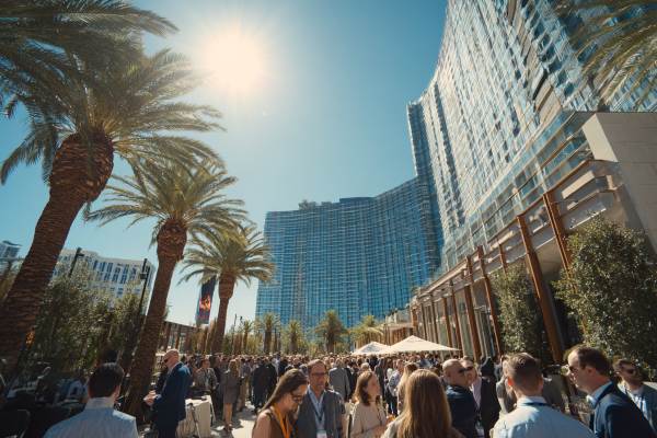 wide angle shot of conference attendees on a sunny day outside a Las Vegas hotel with palm trees