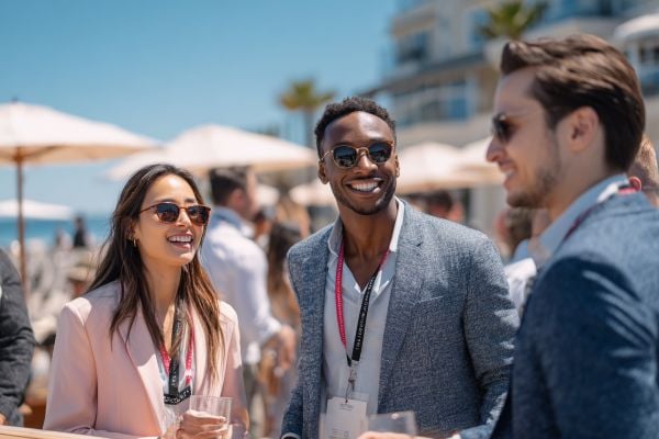 three young business professionals at a conference networking event at a hotel outdoor patio