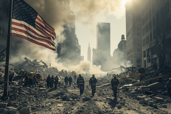 People walk through smoke rubble in a city with an American flag in the foreground