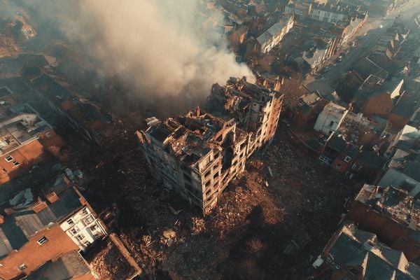 An aerial view of a city block that has been bombed