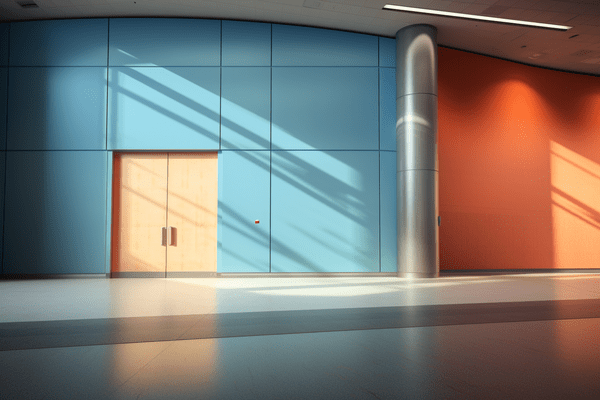 Empty convention center with double doors showing