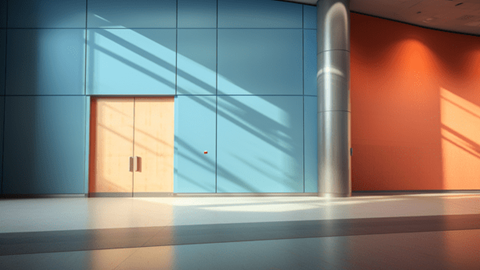 Empty convention center with double doors showing