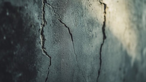 A close-up photo of cracks running up and down concrete.