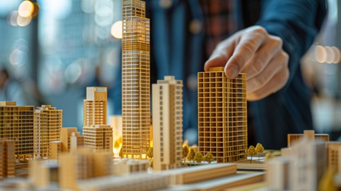 A man reaching his hand out to grasp a small model corporate building, which is surrounded by other model buildings.