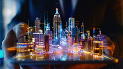 A businessman in a suit holding a digital tablet with both hands. A hologram of a neon cityscape is projecting from the tablet.