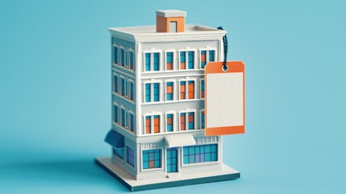 Illustration of a Toy Four-Story Building with a Blank Price Tag Hanging from Roof