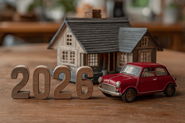 The number 2026 carved out of wood next to a red toy car and a model of a house, with all three sitting atop a wooden table