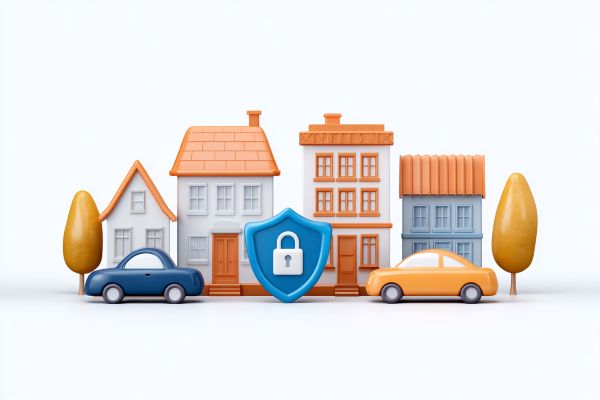 miniature houses, cars, and commercial buildings behind a shield with a lock icon