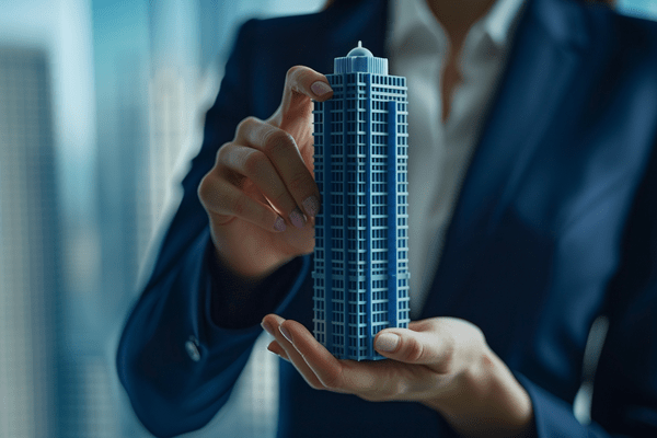Businesswoman in a dark blue suit holding a model of a skyscraper