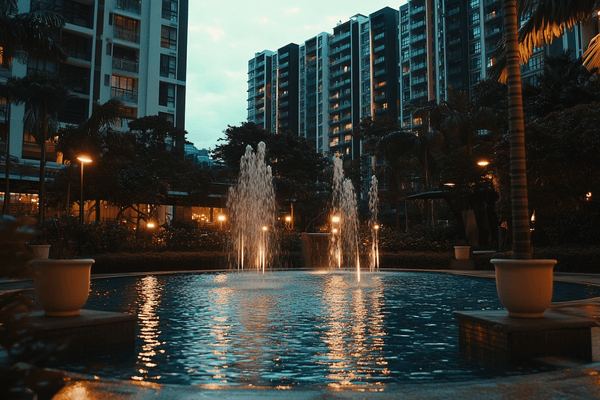 A fountain outside of two upscale condominium buildings