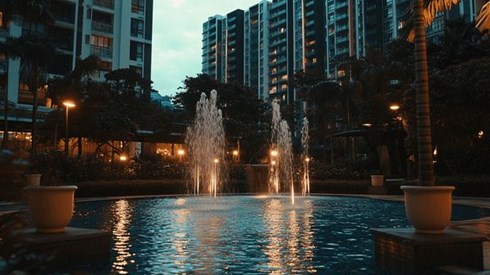 A fountain outside of two upscale condominium buildings