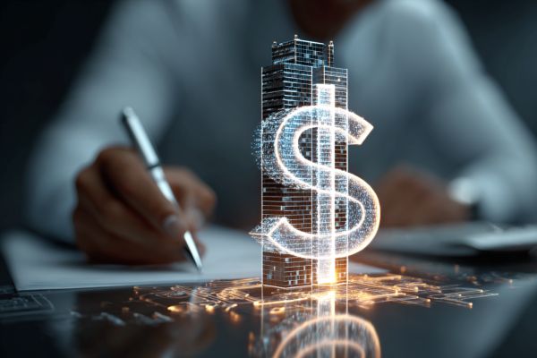 digital dollar sign and a corporate office tower on a desk in front of a businessperson writing