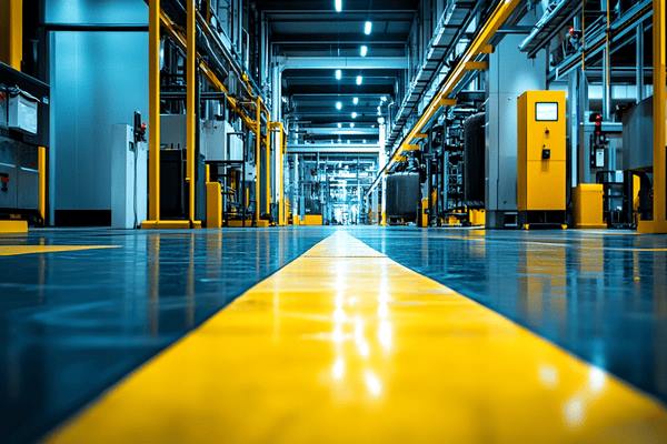 A thick yellow line on the floor of a factory and running through the middle of it
