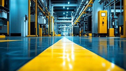 A thick yellow line on the floor of a factory and running through the middle of it