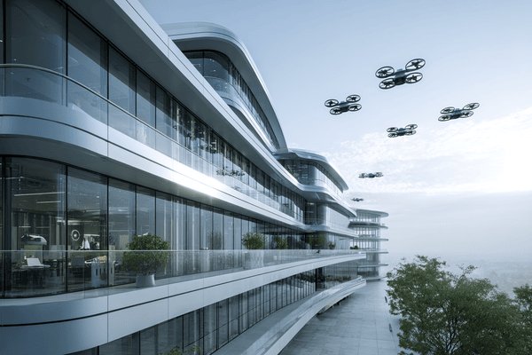 The exterior of a futristic office building with flkying drones