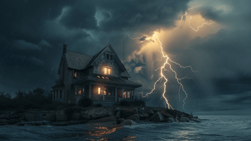House in a lightning storm next to the coast