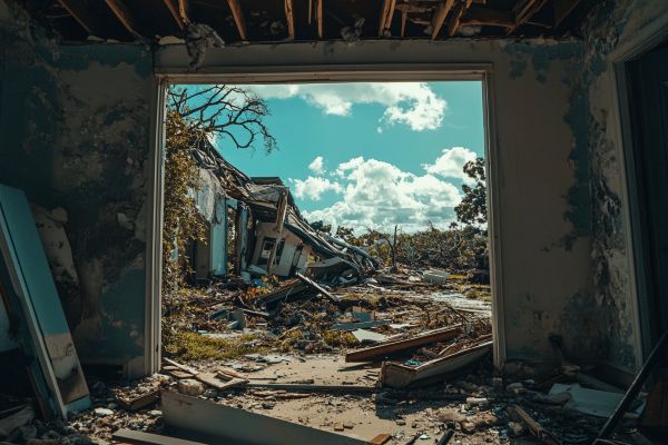 inside a house looking out on property damage after a hurricane