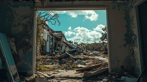 inside a house looking out on property damage after a hurricane
