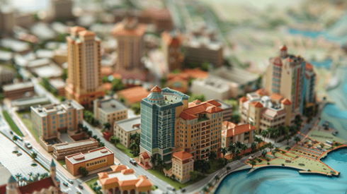 Model buildings sitting on a shoreline