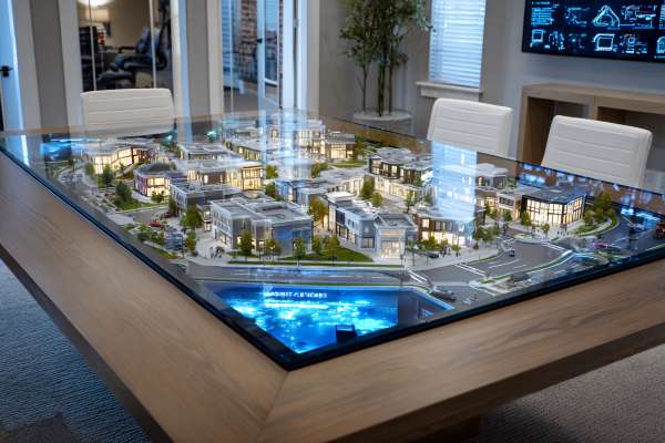 3D representation of a model neighborhood inlaid in a conference table with white chairs in an office