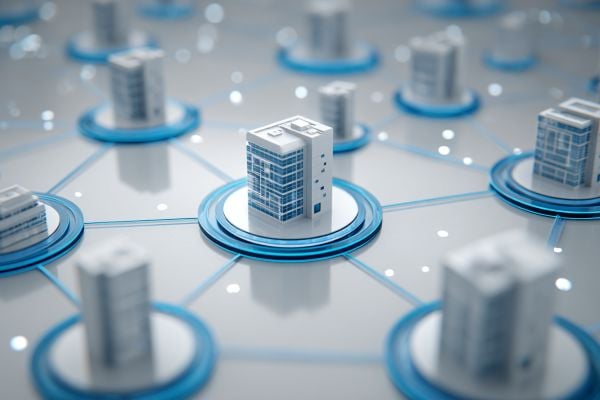 3D icons of commercial buildings connected with blue lines