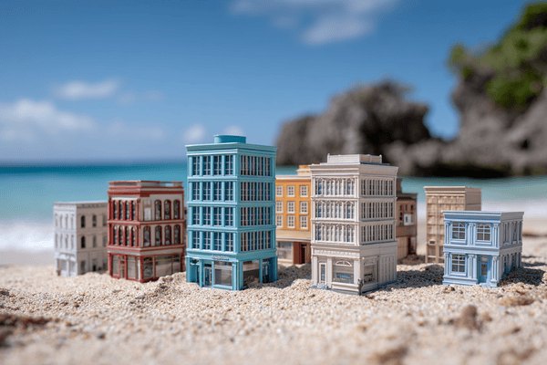 Toy models of office buildings on a beach