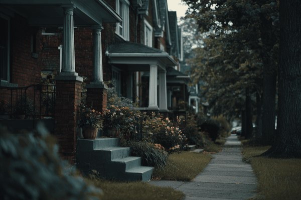 A sidewalk view of a row of red-brick houses