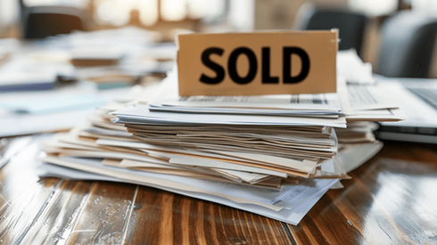 A sold sign on top of a stack of business papers on an office desk