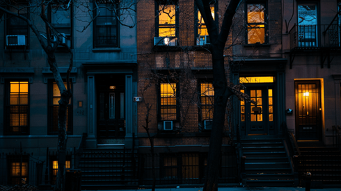 A row of townhouses at night