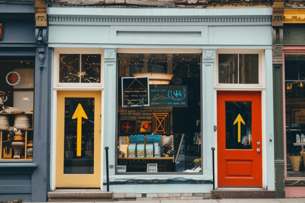 A storefront with two yellow arrows on the doors pointing up 