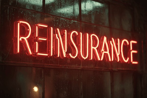 The word "REINSURANCE" written in a red neon sign that is hanging in a window