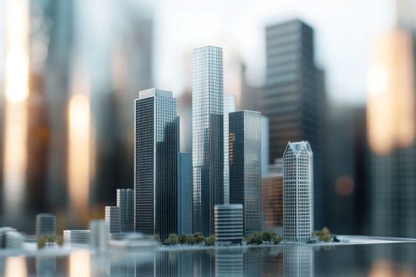 a scale model of commercial buildings in front of the real life versions of the same buildings
