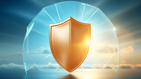 A golden shield putting out a protective bubble and light rays in front of a cloudy background