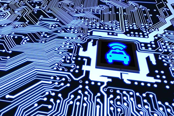 Blue lit up circuit board with chip showing car with wifi signal icon