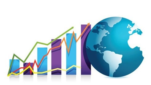 Bar graph next to globe