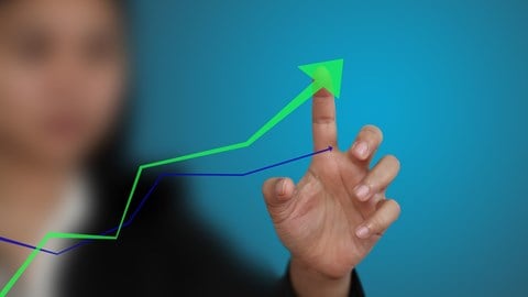 Green and blue arrows moving upward with a woman out of focus in the background touching the point of an arrow.