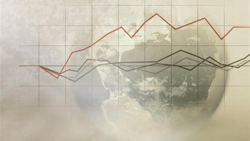 A graph with a red line and three gray lines on a tan gridlined chart with a globe in the background of the chart