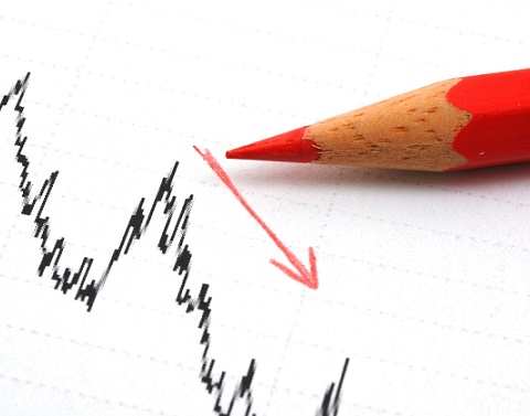 Black line graph with red pencil and red arrow showing negative trend line