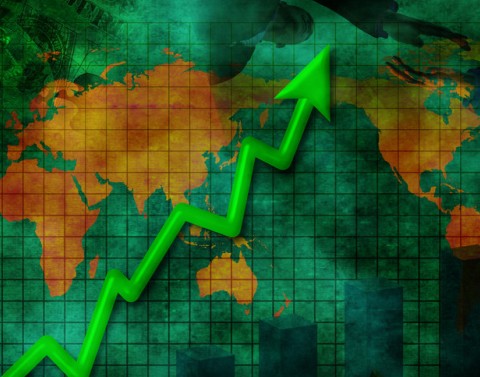Green arrow going up line graph on global map